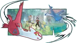 Latias and Latios flying around Brendan and May