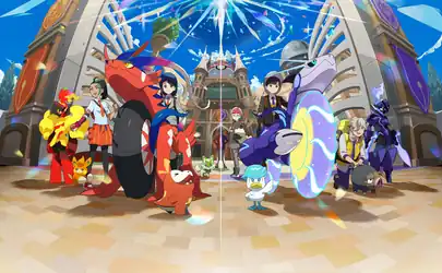 Outside the Paldea Academy. On the left, from left to right: Armarouge, Pawmo, Nemona, Juliana riding Koraidon, Fuecoco, Sprigatito, and half of Clavell dressed in his Scarlet outfit. On the right, from right to left: Ceruledge, Arven and Lechonk, Florian riding Miraidon, Quaxly, Penny, and half of Clavell wearing his Violet outfit.