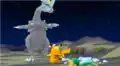 Pikachu protecting Snivy from Kyurem's attack