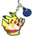 A strap with two rubber mascots; one depicting a Pikachu and the other featuring an Oran Berry.