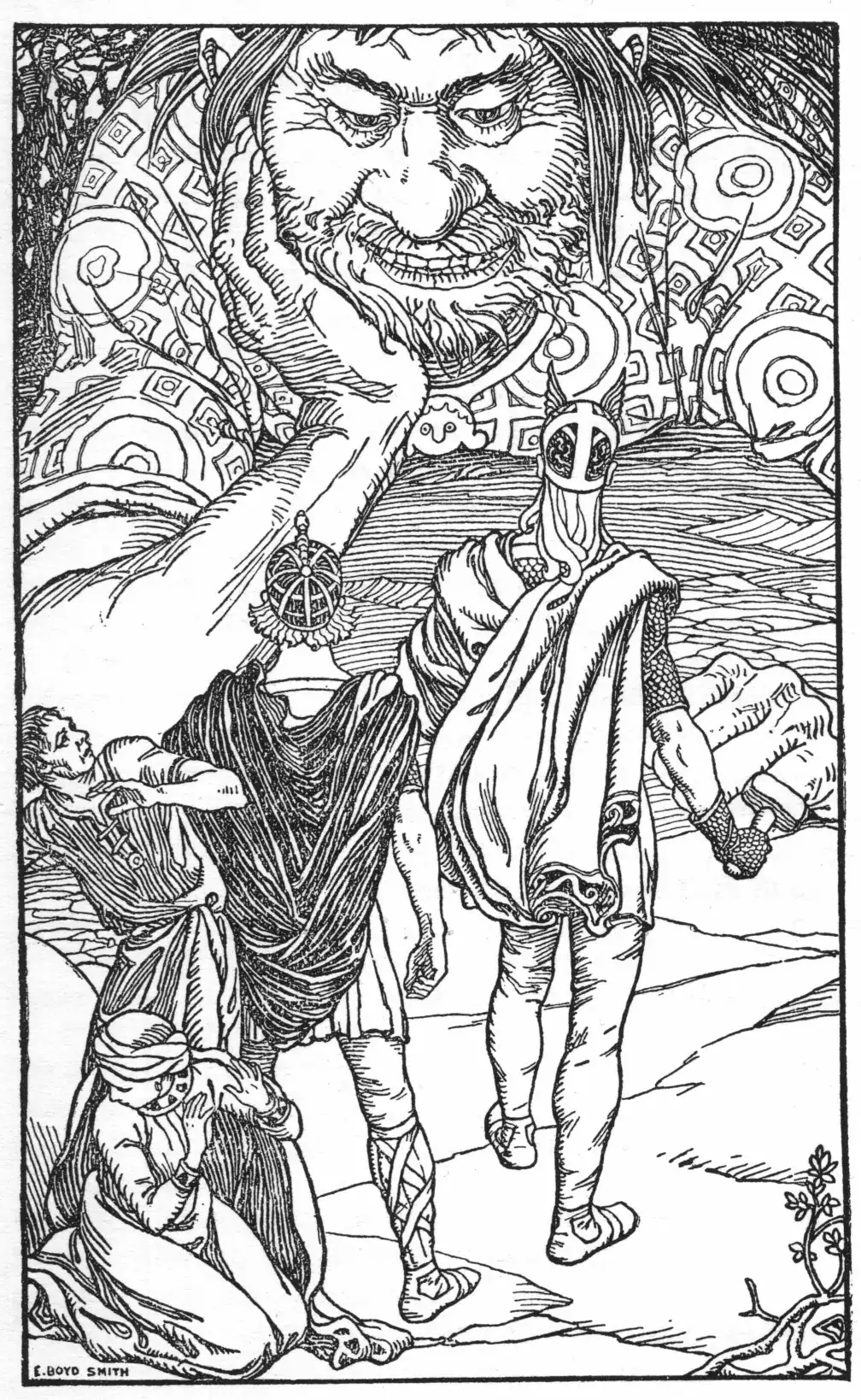 Frontispiece of Brown, Abbie Farwell (1902). "In the Days of Giants: A Book of Norse Tales" Illustrations by E. Boyd Smith. Houghton, Mifflin & Co.  Image is in the public domain.