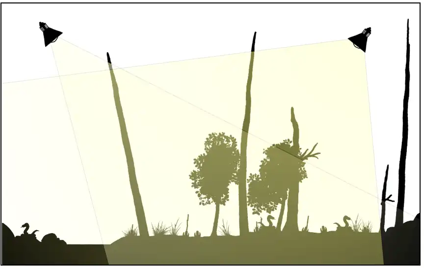 1663 garden Almost red and blue snakes and bare trunks.png