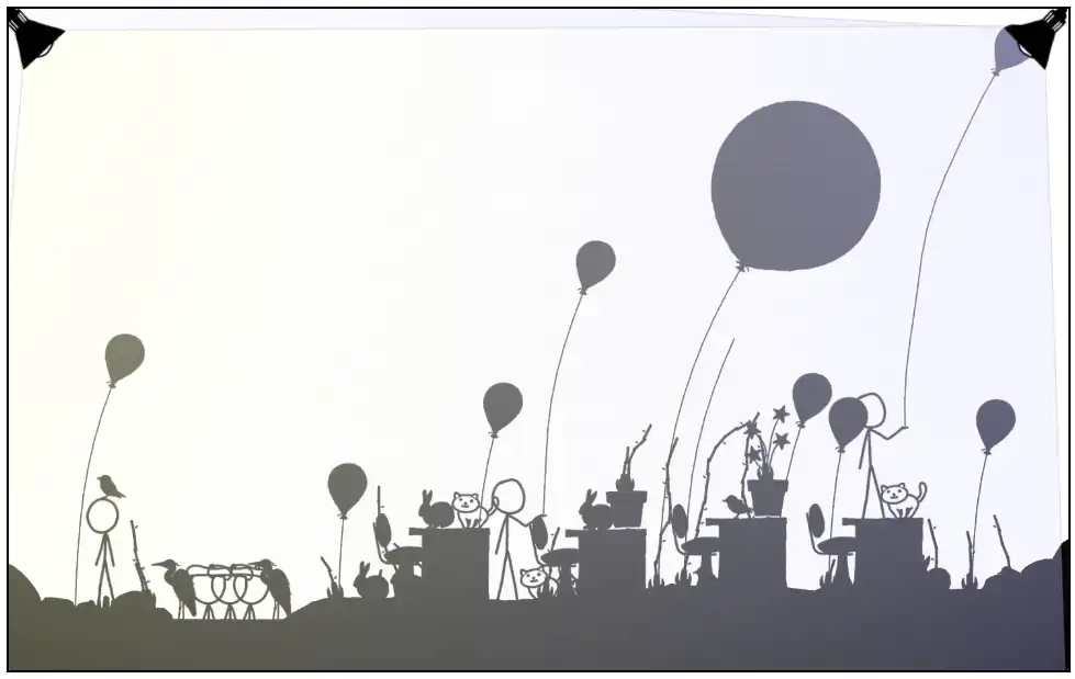 1663 garden Office space with two herons in lake and huge balloon on long string.png