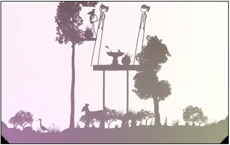 1663 garden Two stilts girl on gate, bird bath on it with shar and fish and heron in pond.png