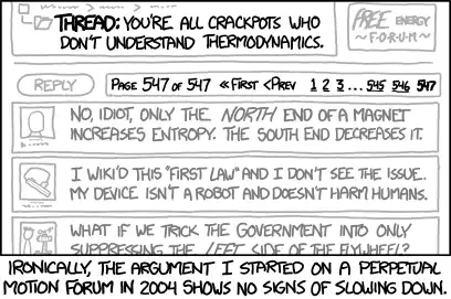 The misguided search for a perpetual motion machine has run substantially longer than any attempted perpetual motion machine.