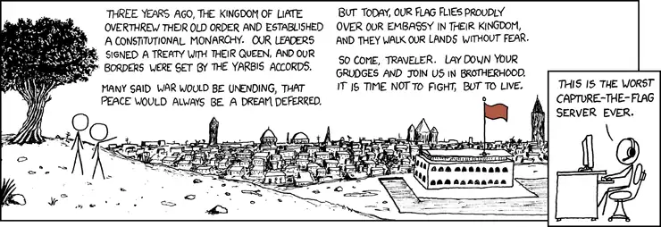 Eventually a UN is set up. And then a lone rebel runs down the line of flags in front of it, runs back to his base, and gets a kajillion points.