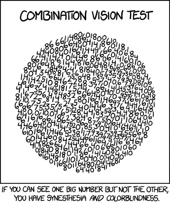 If you see two numbers but they're both the same and you have to squint to read them, you have synesthesia, colorblindness, diplopia, and myopia.