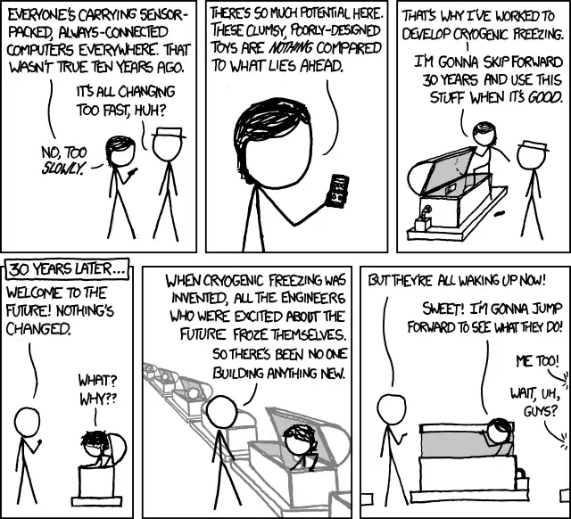 'Welcome to the future! Nothing's changed.' was the slogan of my astonishingly short-lived tech startup.