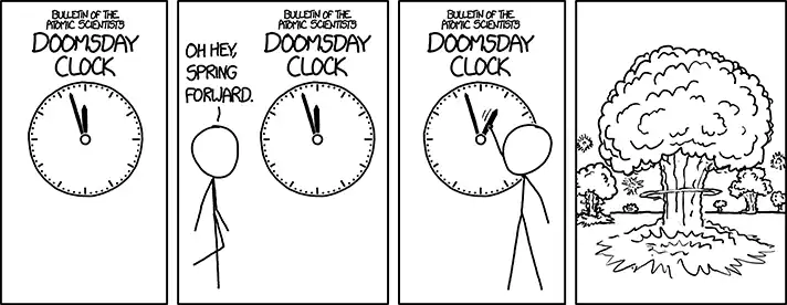 After a power outage at the Bulletin of the Atomic Scientists, the new Digital Doomsday Clock is flashing 00:00 and mushroom clouds keep appearing and then retracting once a second.