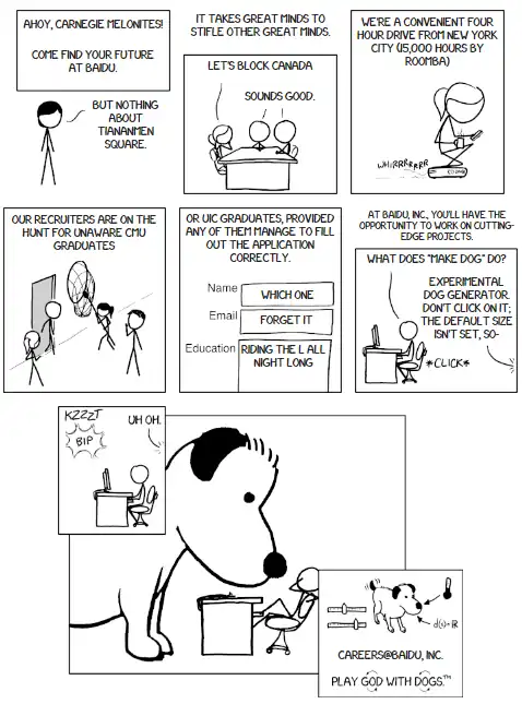 Mouse over words and things to see where they come from.Different title text: This comic went up on April 1st, and the panels changed throughout the day in response to readers doing things like breaking hashes, editing a rapidly-shuffling set of target Wikipedia articles, and donating to Wikimedia Foundation. (The vandalism is over now and CMU won the hashing contest.)Different title text: Happy April 1st, Everyone!Different title text: uic has the third best hash. See the full standings at http://almamater.xkcd.com/best.csvDifferent title text: The dog gains a pound for every $10 donated to the Wikimedia Foundation via this link. Currently at $51135.33