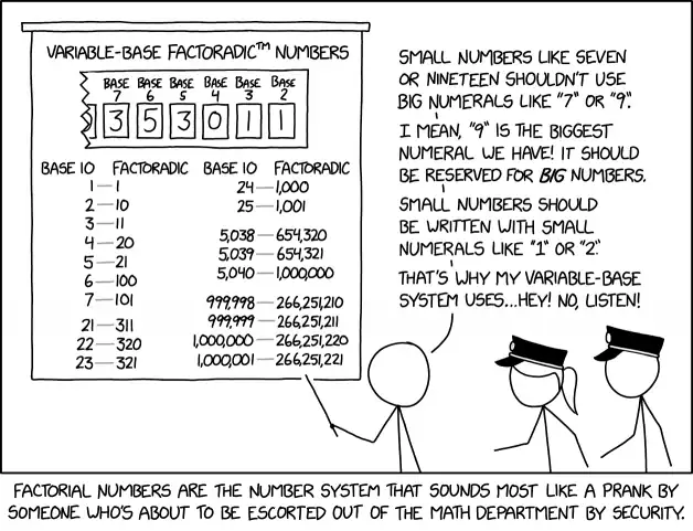 So what do we do when we get to base 10? Do we use A, B, C, etc? No: Numbers larger than about 3.6 million are simply illegal.