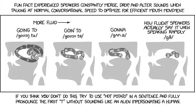 Thank you to linguist Gretchen McCulloch for teaching me about phonetic assimilation, and for teaching me that if you stand around in public reading texts from a linguist and murmuring example phrases to yourself, people will eventually ask if you're okay.