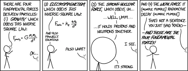 "Of these four forces, there's one we don't really understand." "Is it the weak force or the strong--" "It's gravity."