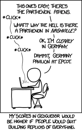 I'm not sure if you can get Epcot, but my friend just got LegoLand. He guessed California but it was the one in Denmark. Meanwhile, I'm rapidly becoming a connoisseur of unmarked dirt roads over flat, barren landscapes.