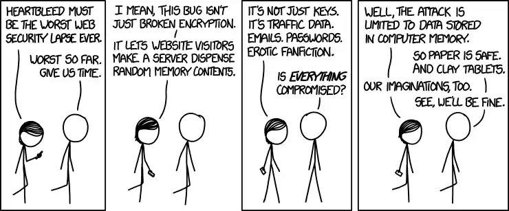 I looked at some of the data dumps from vulnerable sites, and it was... bad. I saw emails, passwords, password hints. SSL keys and session cookies. Important servers brimming with visitor IPs. Attack ships on fire off the shoulder of Orion, c-beams glittering in the dark near the Tannhäuser Gate. I should probably patch OpenSSL.