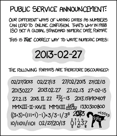 ISO 8601 was published on 06/05/88 and most recently amended on 12/01/04.