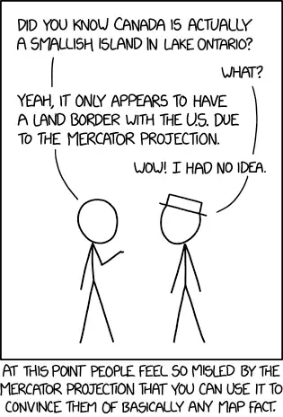 The other great lakes are just water on the far side of Canada Island. If you drive north from the Pacific northwest you actually cross directly into Alaska, although a few officials--confused by the Mercator distortion--have put up border signs.