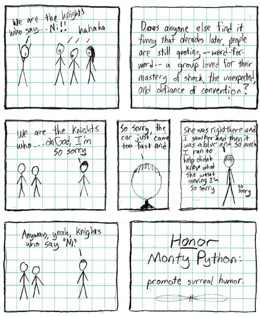 I went to a dinner where there was a full 10 minutes of Holy Grail quotes exchanged, with no context, in lieu of conversation. It depressed me badly.Original caption: Just sayin'. It's been 30 years now.