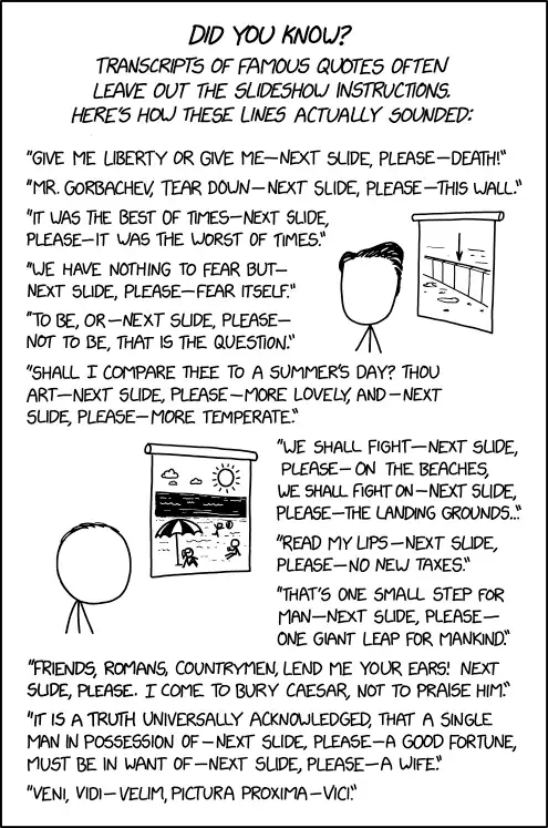 "I have nothing to offer but blood--next slide, please--toil--next slide, please--tears, and--next slide, please--sweat."