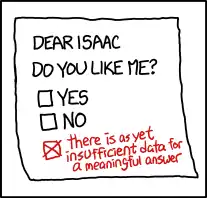 The universe long dead, IsaAC surveyed the formless chaos. At last, he had arrived at an answer. 'I like you,' he declared to the void, 'but I don't LIKE like you.'