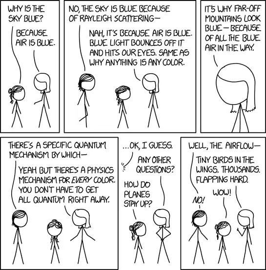 If you ask "why are leaves green?" the usual answer is "because they're full of chlorophyll, and chlorophyll is green," even though "why does chlorophyll scatter green light?" is a great question too.