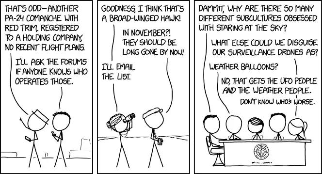 Where I live, one of the most common categories of sky object without a weird obsessive spotting community is "lost birthday party balloons," so that might be a good choice—although you risk angering the marine wildlife people, and they have sharks.