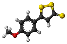 Ball-and-stick model of the anethole trithione molecule