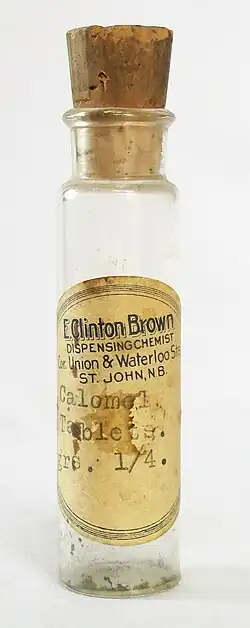 Photo of an empty medicine bottle labelled "Calomel tablets"