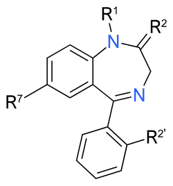 Chemical structure diagram of a benzene ring fused to a diazepine ring. Another benzene ring is attached to the bottom of the diazepine ring via a single line. Attached to the first benzene ring is a side chain labeled R7; to the second, a side chain labeled R2'; and attached to the diazepine ring, two side chains labeled R1 and R2.