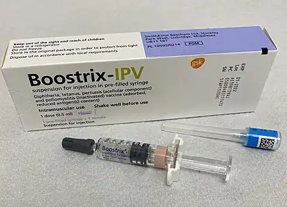Boostrix-IPV (dTaP/IPV): for booster vaccination against diphtheria, tetanus, pertussis and polio from the age of three years, and in pregnant women to protect the baby in early infancy.[21]