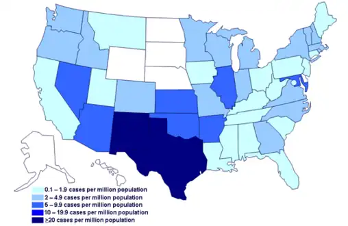 CDC map of cases per million residents