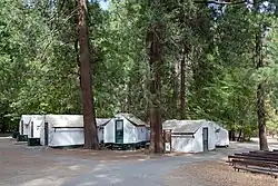 A photograph of tent cabins in Curry Village in Yosemite National Park, California