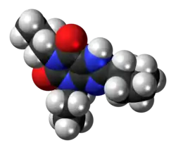 Space-filling model of the dipropylcyclopentylxanthine molecule