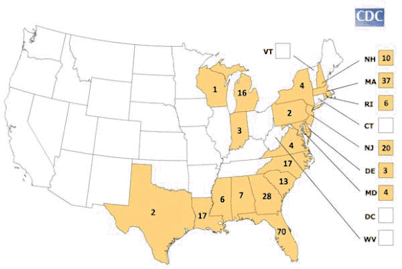 A disease-incidence map for human cases of EEE, 1964–2010[43]