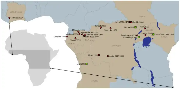 Ebola (and Marburg virus depicted as green squares) outbreaks on the African continent, both from the Filoviridae family[15][357]