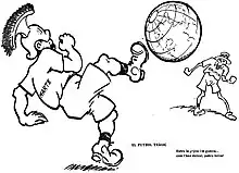 Spanish satirical cartoon published in November 1918 depicting a "tragic game of football" between Mars, Greek god of war, and the Spanish Flu. There is a short poem as a caption which roughly translates to English as "Between flu and war, look at how they've left her, our poor Earth"
