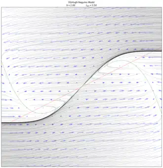 When 
  
    
      
        b
        =
        2
        ,
        
          I
          
            e
            x
            t
          
        
        =
        3.5
      
    
    {\displaystyle b=2,I_{ext}=3.5}
  
, we can easily see the separatrix and the two basins of attraction by solving for the trajectories backwards in time.