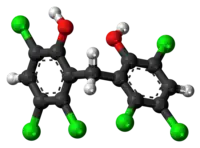Ball-and-stick model of the hexachlorophene molecule