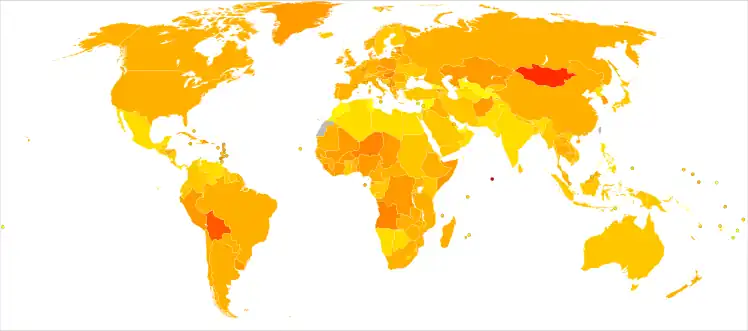 The age-adjusted death rate from cancer per 100,000&nbsp;inhabitants in 2004.[9]