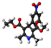 Ball-and-stick model of the nitrendipine molecule