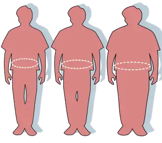 Three silhouettes depicting the outlines of an optimally sized (left), overweight (middle), and obese person (right).