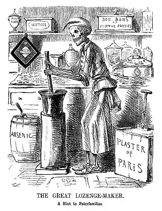 A skeleton is dressed as a sweetmaker, surrounded by tubs and boxes labelled "plaster of Paris", "arsenic", etc.