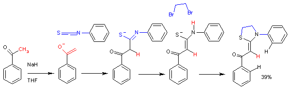 The reaction of acetophenone enolate with phenyl isothiocyanate. In this one-pot synthesis the ultimate reaction product is a Thiazolidine. This reaction is stereoselective with the formation of the Z-isomer only.