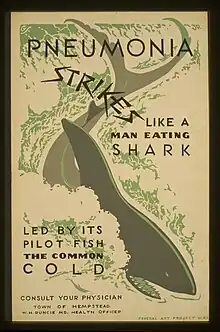 A poster with a shark in the middle of it, which reads "Pneumonia Strikes Like a Man Eating Shark Led by its Pilot Fish the Common Cold"