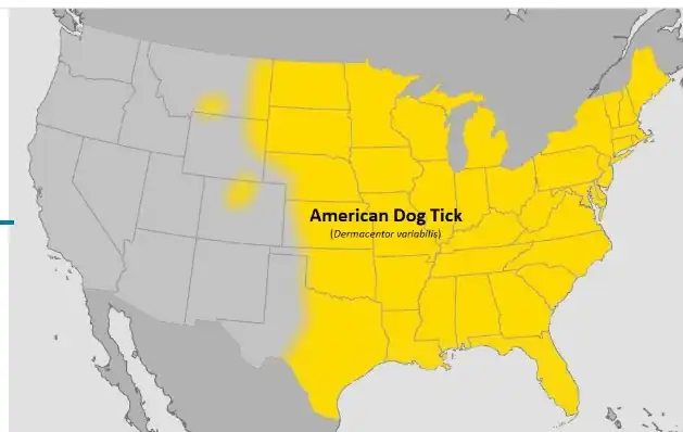 Distribution of the American dog tick (D. varaiabilis) in the United States.[25]