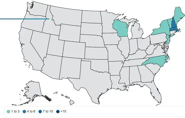 Eastern equine encephalitis virus human disease cases by state, 2024[42]