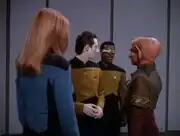 Beverly Crusher, Data, and Geordi La Forge speak with Reyga