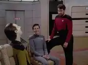 Data, Wesley Crusher, and William T. Riker share a laugh