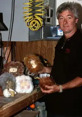 Gary Monak in 1996, with some motorized tribbles from "Trials and Tribble-ations"