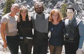 Williams (far right) and fellow stunt doubles filming Star Trek insurrection